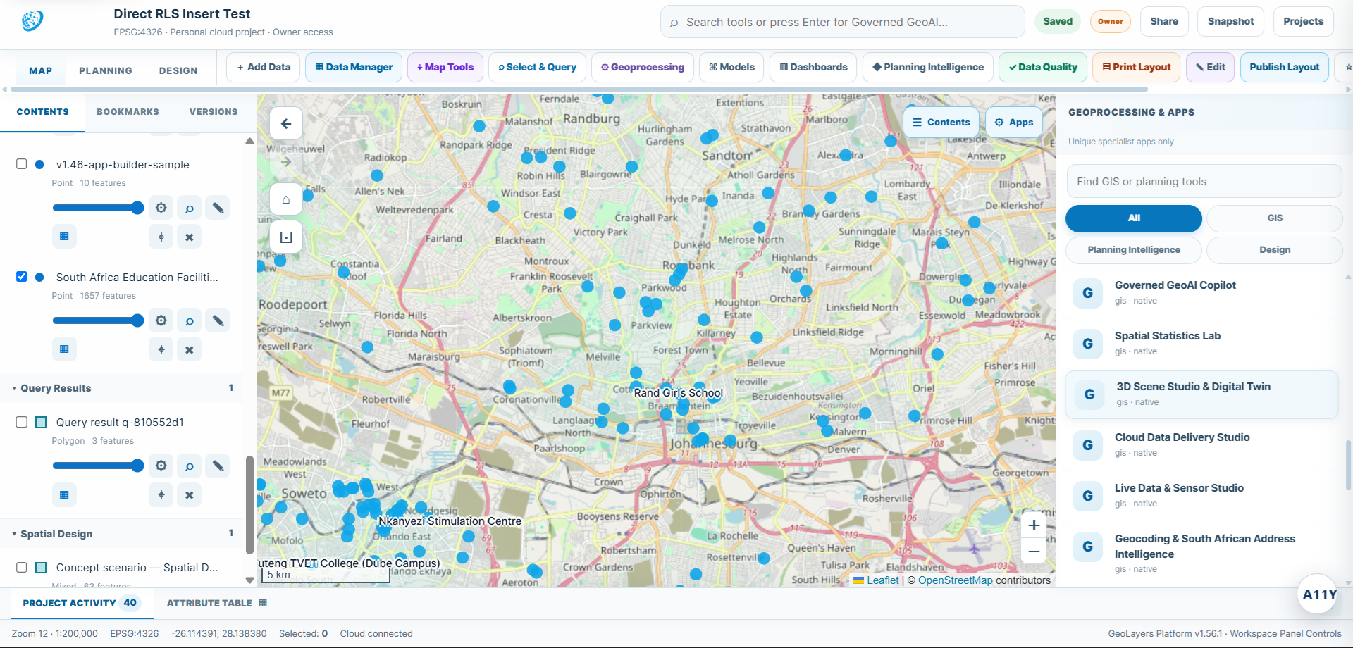 GeoLayers Studio workspace showing project layers, map, tools and specialist GIS applications